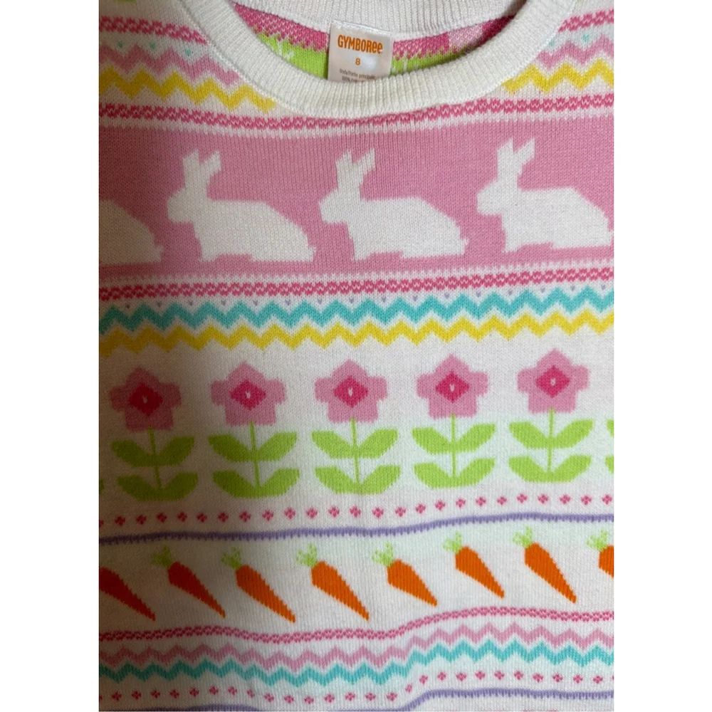 Gymboree Bunny Spring Flower Easter Intarsia Cotton Knit Sweater Dress Sz 8 EUC